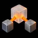 Three linked blocks joined by glowing orange pipes
